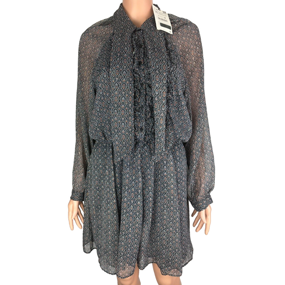 ZARA Printed Jumpsuit Dress Metallic Thread Ruffle and Tie New with Tags XL